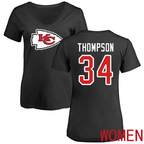 Women Football Kansas City Chiefs #34 Thompson Darwin Black Name and Number Logo Slim Fit T-Shirt->nfl t-shirts->Sports Accessory